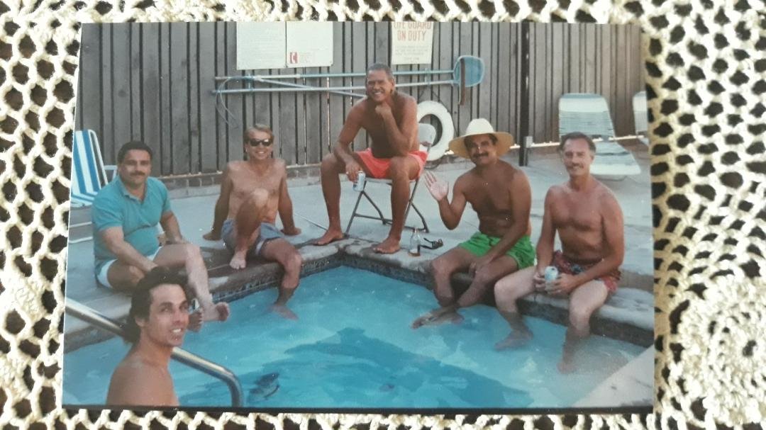 Left to right - brother Barry Levin?, David Arias, Mark Powers, Duke Erickson, Bill Terrazas, John Rush,  1990’s in my back yard in Sherman Oaks. The Keppel gals were likely hanging out poolside or indoors. RIP David.
