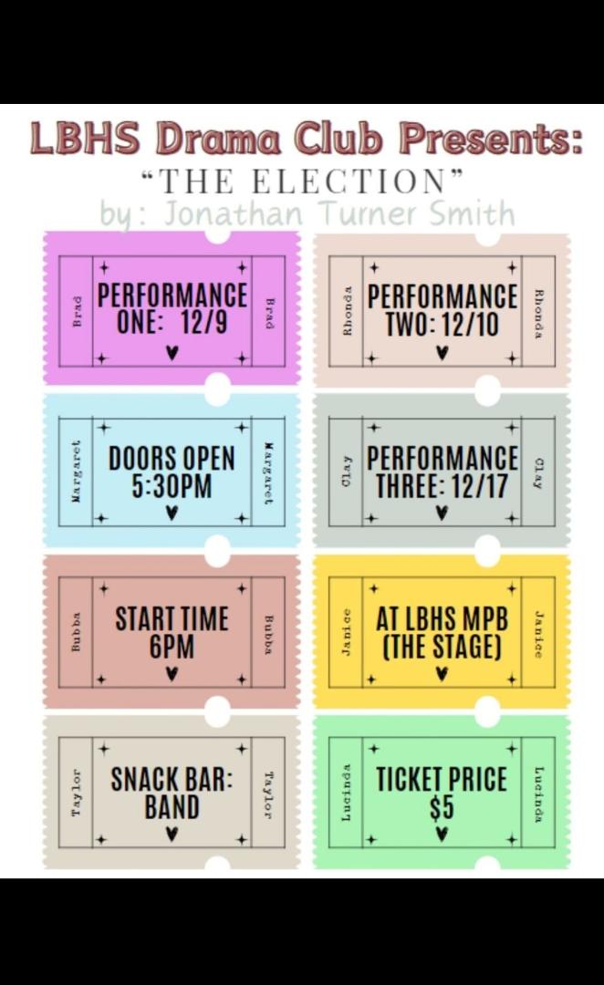 Ali is in this play. Come see her and show your support for LBHS First Drama performance this year.