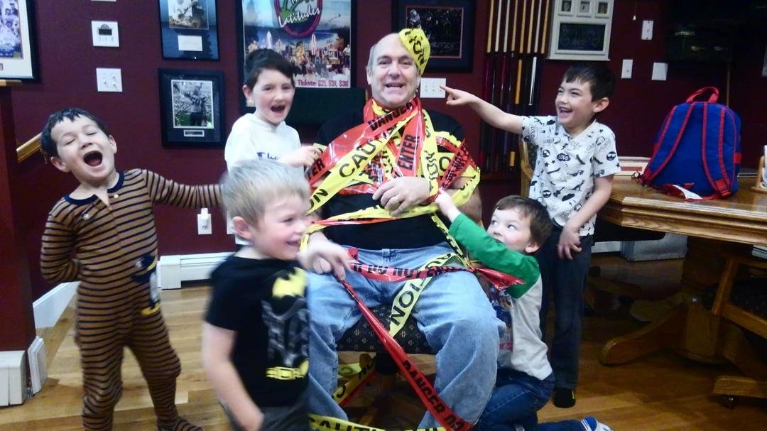 When you're asked to babysit 6 grandsons for the overnight Michele says " no problem". When she goes to the gym at 8:00 and says " ill be home in a couple of hours......they ganged up on me and wrapped me in my caution tape