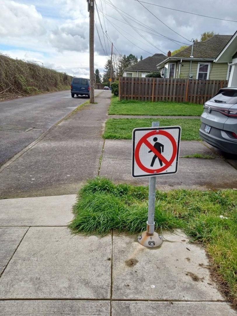 How much sense does this make... The sidewalk continues but ' no walkers'?