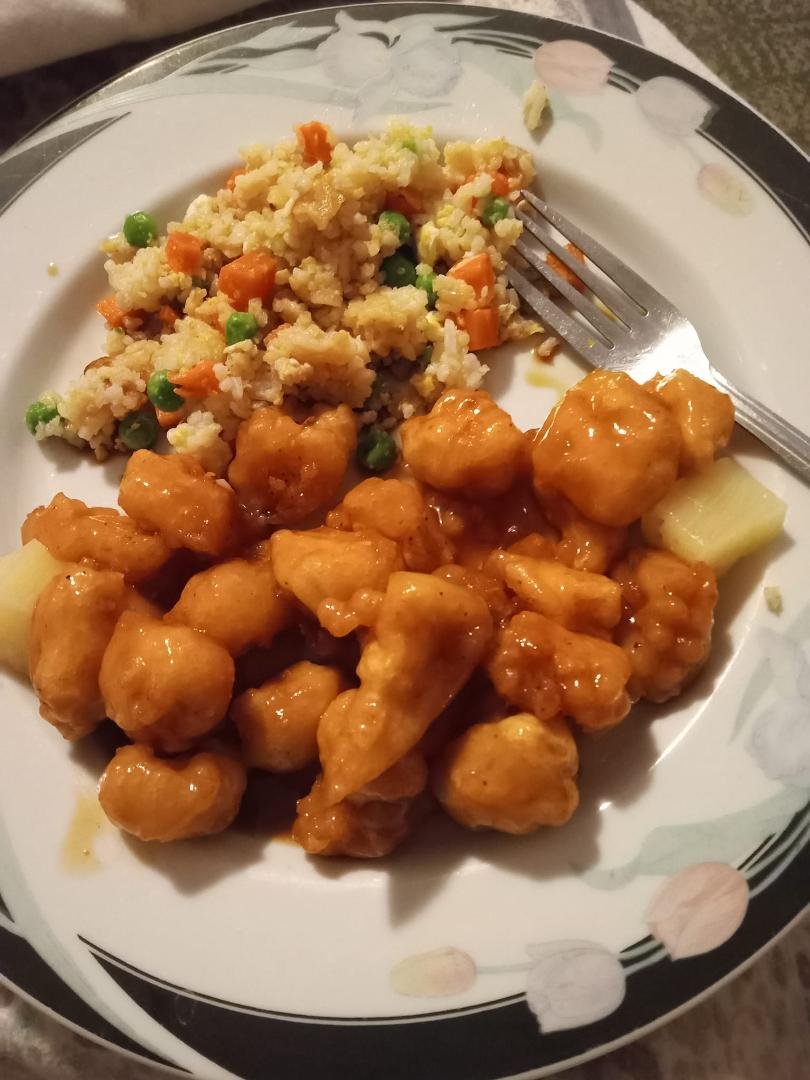 Homemade Sweet and sour chicken with ham fried rice it's what's for dinner 😋😋😋