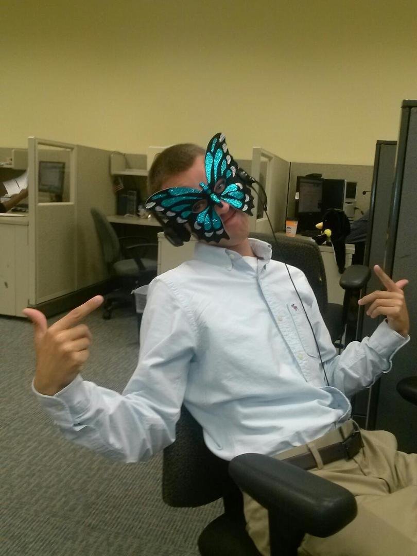 Kyle wearing my butterfly mask. Finally coming out the closet! Lol. Jk.