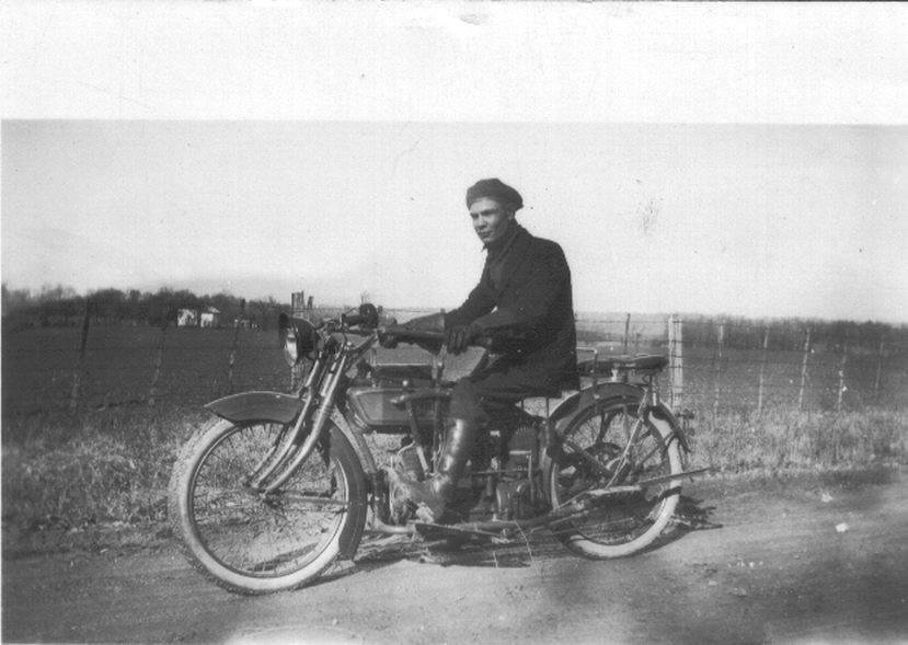 Another one for my cousins, a pic of Uncle John Thoma on his motorcycle. Can anyone guess what make it is? Here's a hint--it's not a Harley or an Indian, but when this company went belly up in 1929, it's assets were bought
