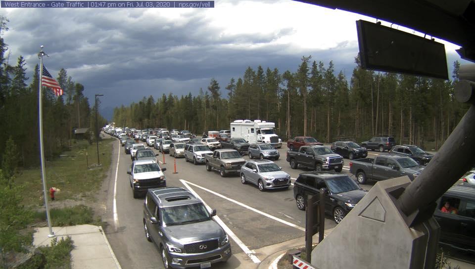 Holy Crap! This is the West Entrance to Yellowstone National Park at West Yellowstone today, Friday, July 3 at 1:47 pm! Wonderful day to be in the Park! NOT! 😳
