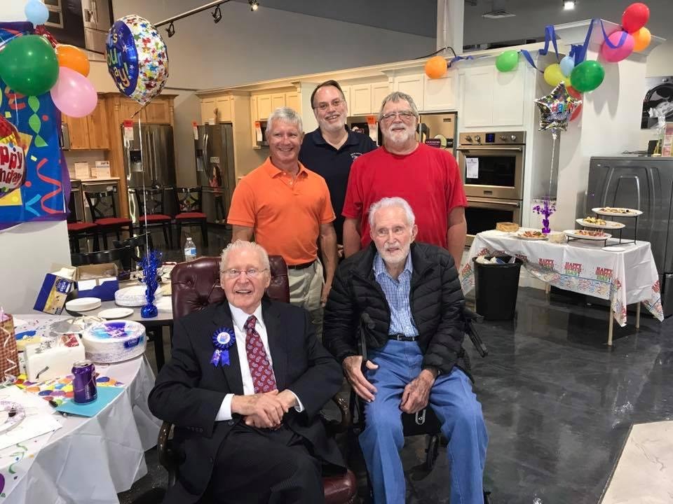 This is the old delivery gang from Dixie Appliance, Charlie, front left, my Dad, front right( 30 some years with Charlie,orange shirt, Mark Weber, black shirt, Kevin Uhl, and me in red. Celebrating Charlie's 91 st birthday