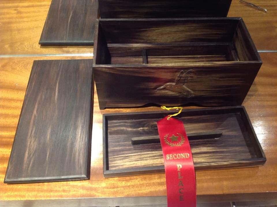 Made this jewelry box for my daughter in law Becky. It's made out of Blue Mahoe with a hummingbird relief.