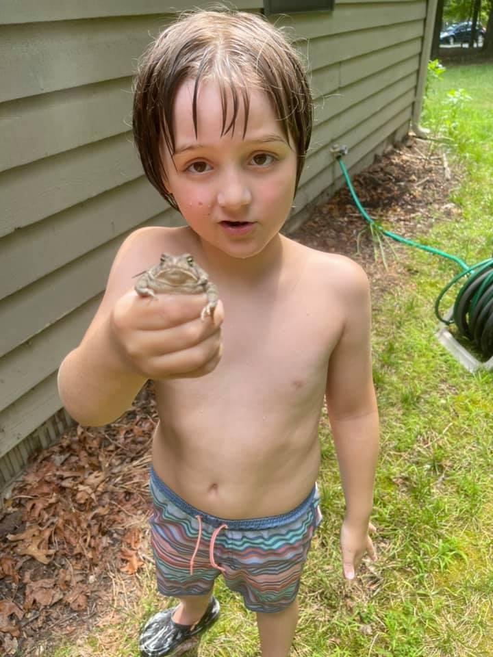A few weeks ago I forgot to post while we played with hose after the pool Ollie was able to catch a toad