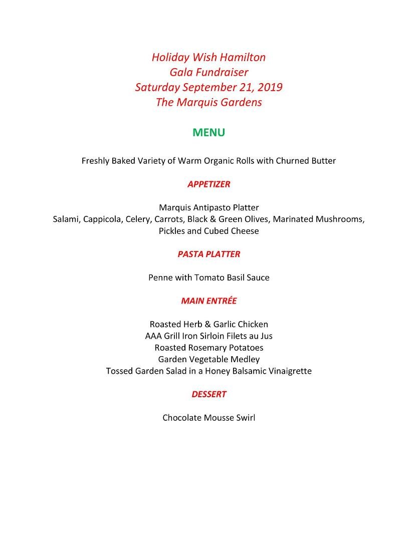Holiday Wish Hamilton Gala Dinner Menu