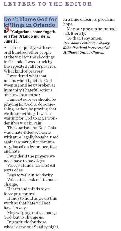 I think Rev. Pentland (see attached) has hit the proverbial nail on the head. As I posted yesterday, thoughts and prayers are never enough.