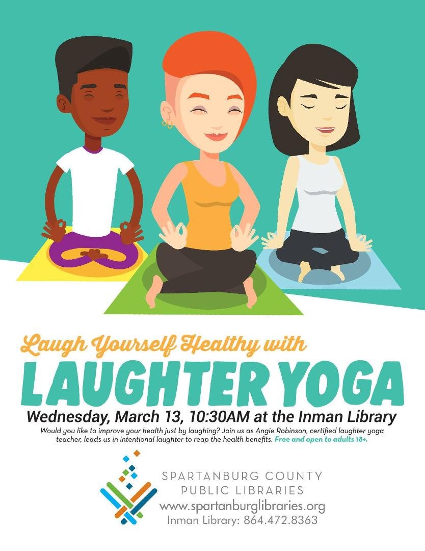 Laughter Yoga at Inman Library on March 13th.  Come join me.  NO MATS NEEDED.