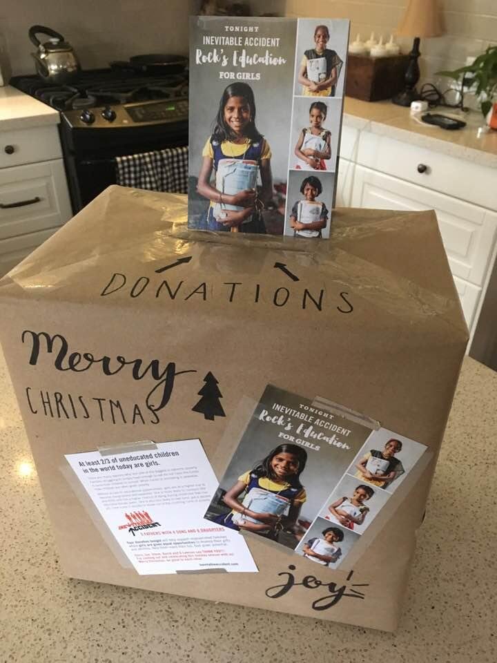 Joy box completed by 2 school girls. If your coming to tonight’s gig bring a few extra bucks for sending girls to school!
