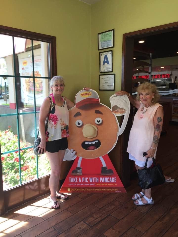 Hanging out with Pancake, mom, and Jennie at Denny's after a relaxing day at the Oceanside Beach.