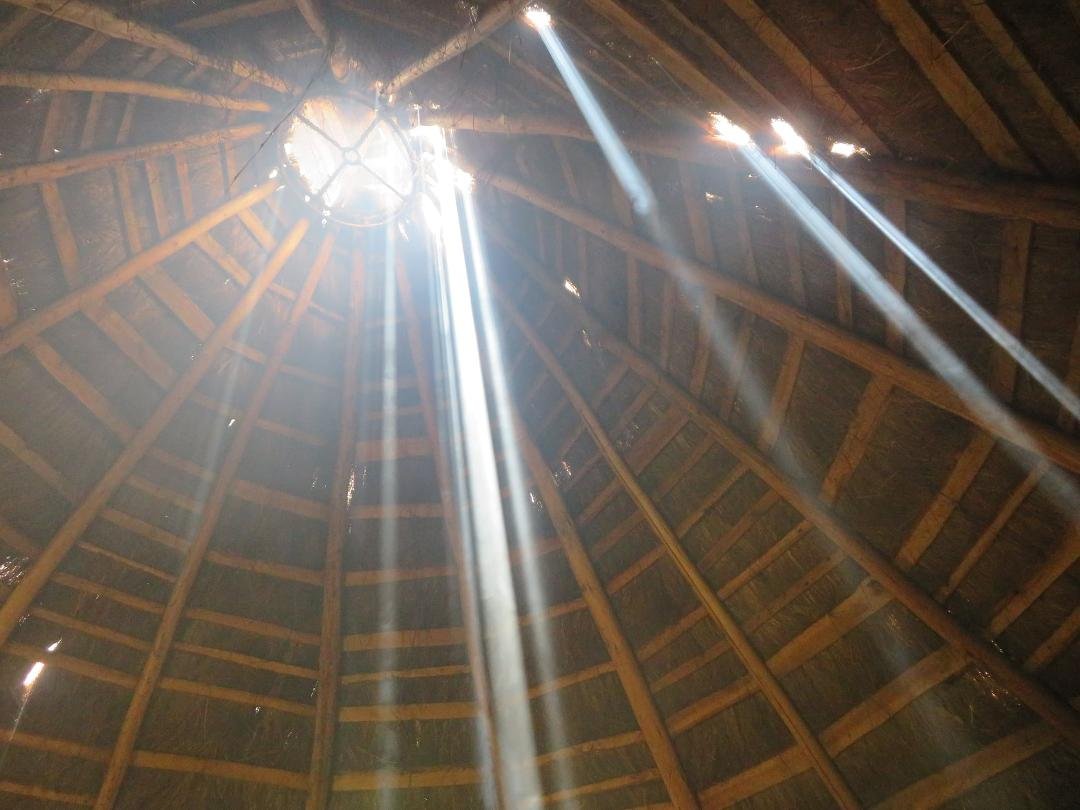 After a downpour of rain and hale, we warmed up with a fire inside this magical space with light beams dancing all over us.