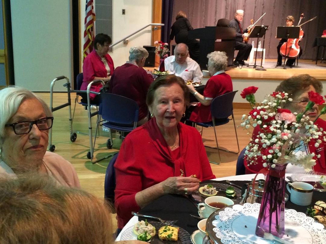 At the Tea with mom, Mrs. Boudreau, Mrs. Chronister, Mrs. Peggy Pyle, & Mrs. Merris.
