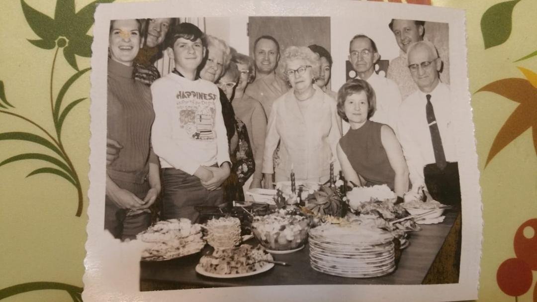 L-R, Evelyn, Bruce, Jackie, Anna Mae, Virginia, Francis Beach, Bob Beach, Gustie Yoder, Marion, Althea, Paul Yoder, Norman, Wilbert.