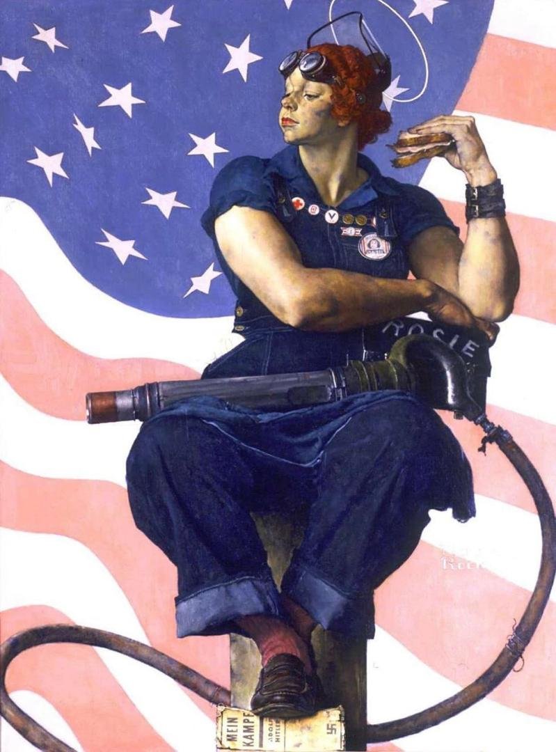 29 May 1943–Norman Rockwell’s portrait of “Rosie the Riveter” appeared on the cover of “The Saturday Evening Post.” Rockwell’s model was Mary Keefe (19) of Arlington, Vermont. In 2002 the painting sold at auction for $4,959