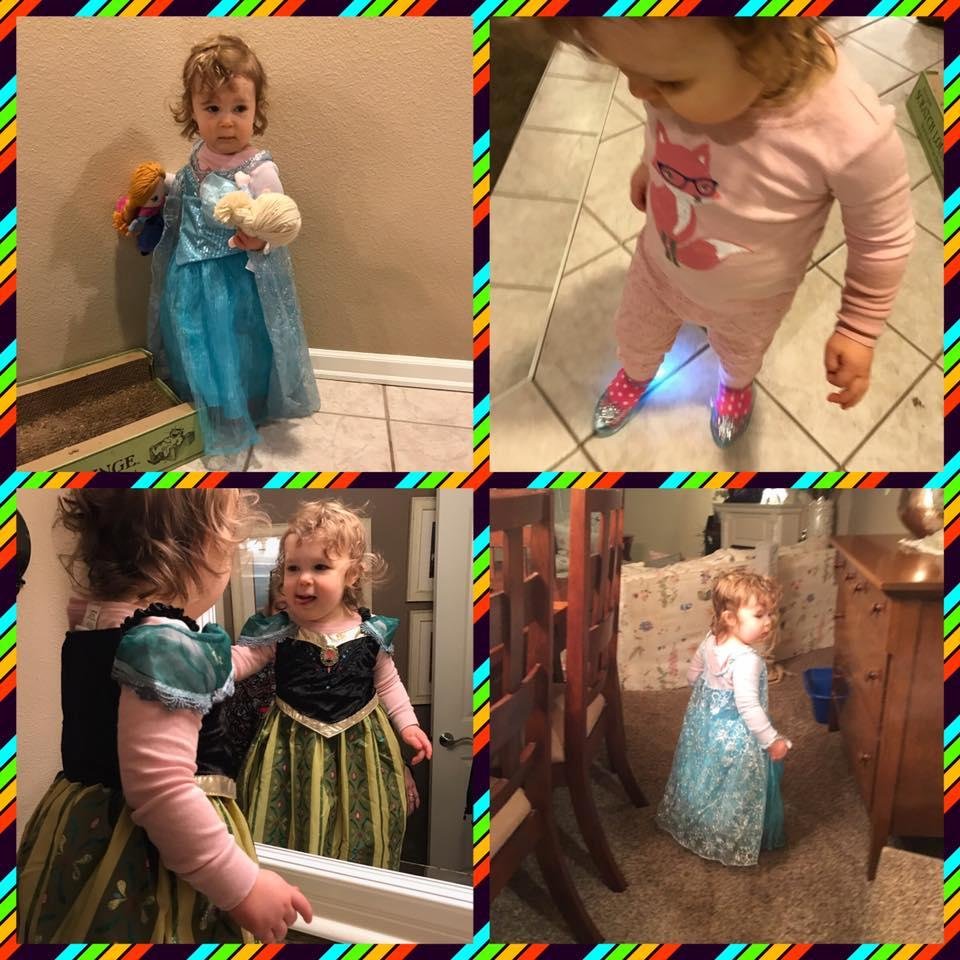 Hadley,with the Frozen loot grandma brought her back from Disneyland...the Elsa shoes were the biggest hit.