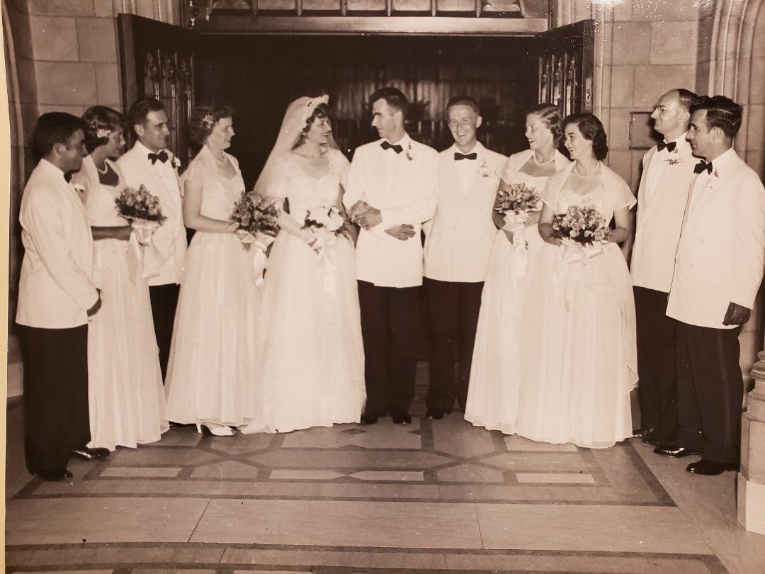 For TBT the definitive answer to the Herb & Ruth picture posted 8/21. The reason for the boutonniere on Herb's lapel, Al & Sue's
Wedding. (note the black gloved hand on far right groomsman attesting to Heidi's identificatio