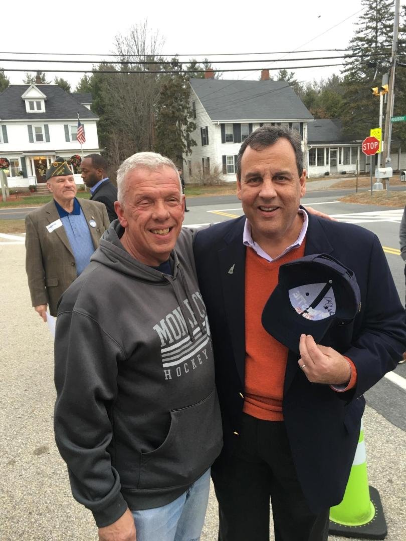 What we do on a Monday afternoon in New Hampshire during presidential season. He signed my Christie hat, thus the reason he's holding it.