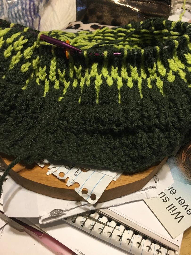 Having to work on the sweater pattern in #4 weight yarn with a us 9 and us 10 needles to make it. Have to go and purchase a new 13 needle to work the pattern in the bulky yarn. How does thus look so far? I live in Florida