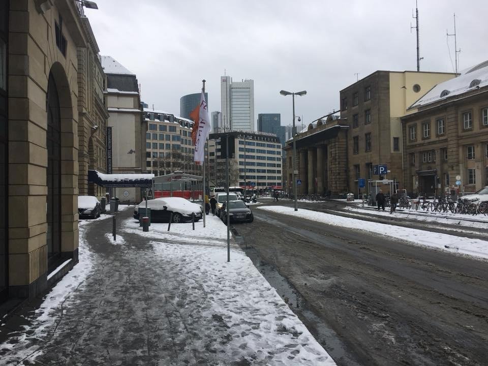Throughout this trip I have been asking that it stop raining. It has. Instead it is 26 degrees and snowing. As the old saying goes, be careful what you ask for. In the attached photo, on the far right is the Frankfurt train