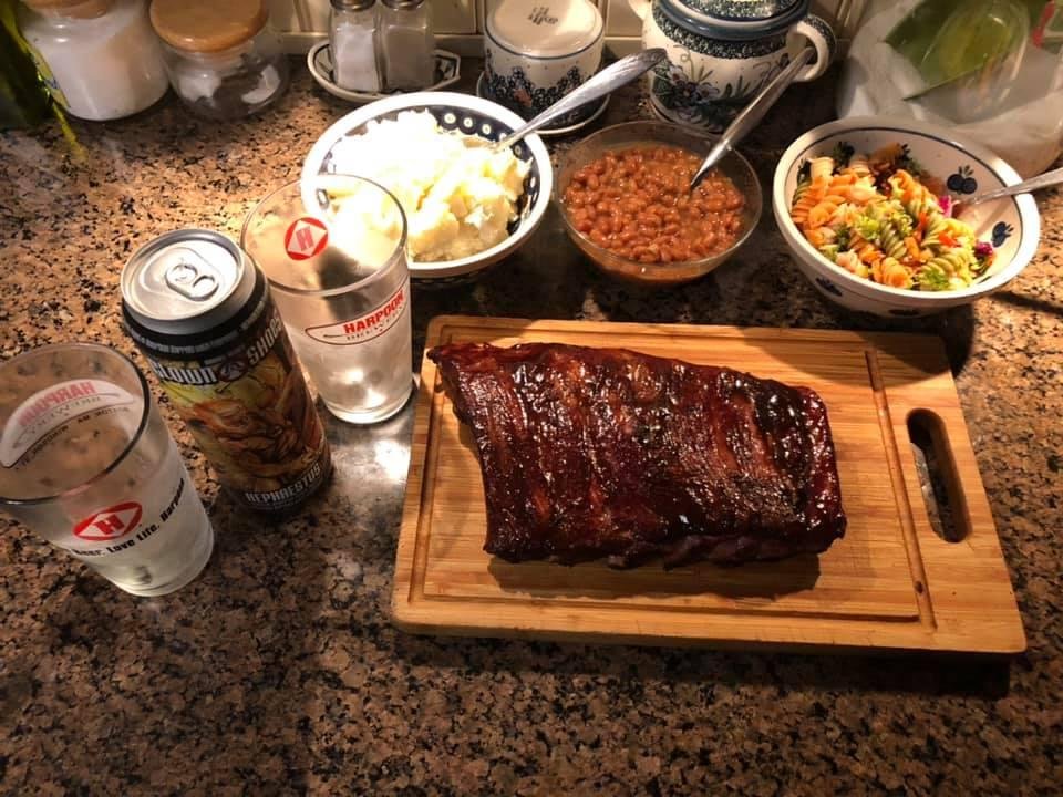 What’s for suppah? Ribs, potato salad, beans, pasta salad and good beer.