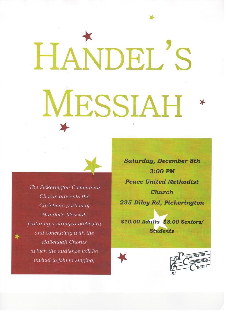 The Christmas Concert is December 8th. Please join us at Peace United Methodist Church at 3:00 PM for Handel's Messiah.