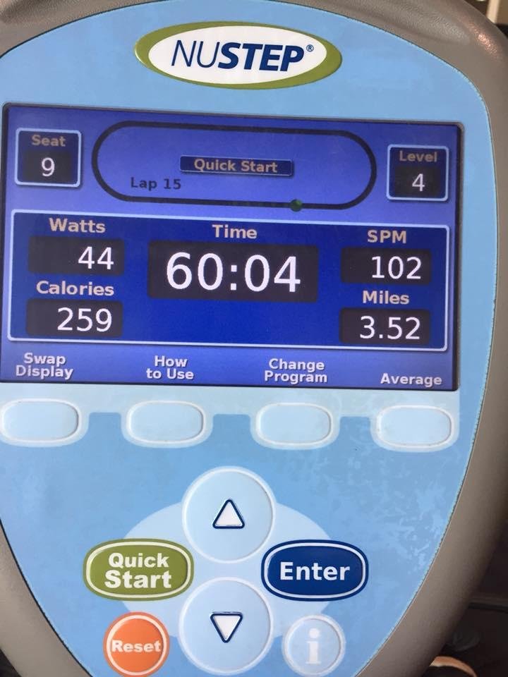 Work Out #8 July 27, 2018 8:22am, TGIF

Hip adductor 90 lb 5 sets of 10
Hip Abductor 70lbs 5sets of 10
Leg Press 100lbs 5 sets of 10
Tricep Press 30lbs 5x10
NuStep 60:04min, 259calories Burned, 3:52 Miles