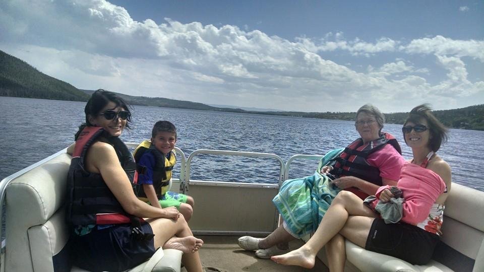 On a pontoon boat on Grand Lake.