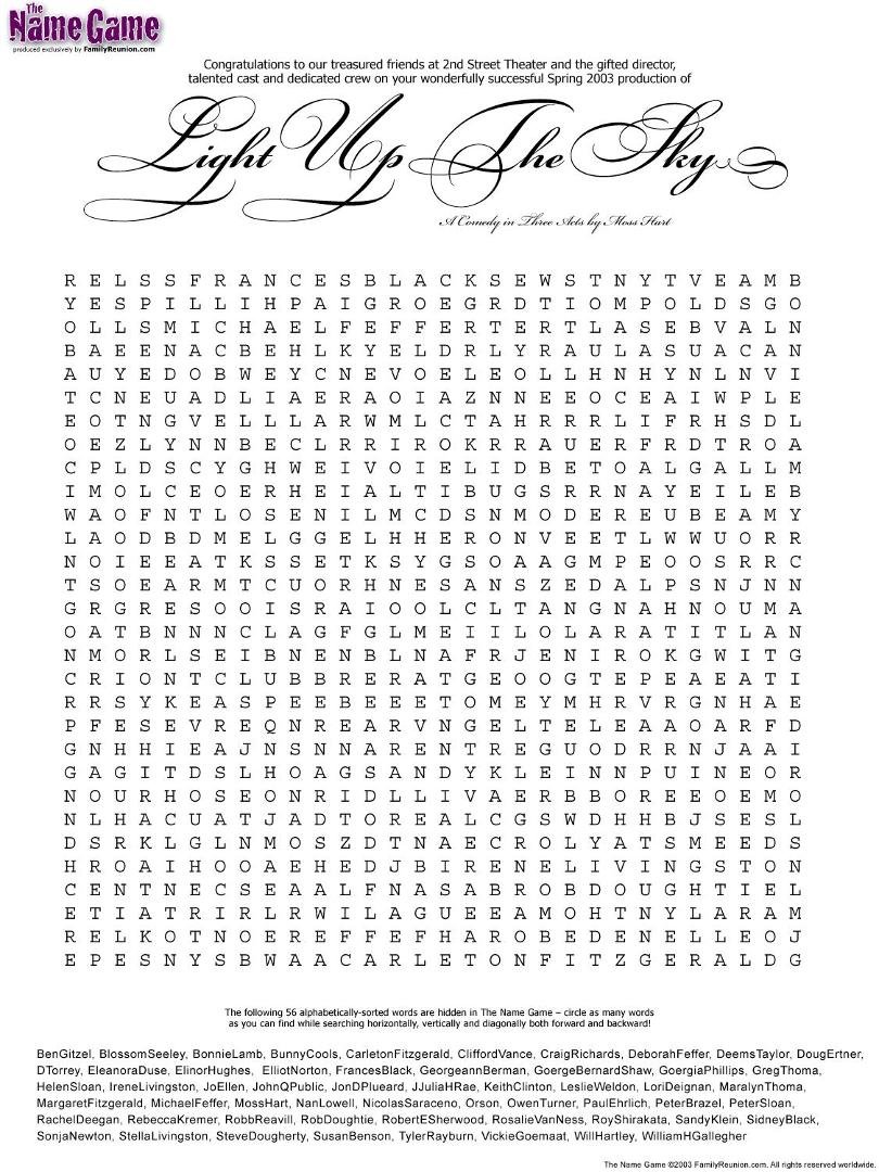 The Name Game word puzzle based on words associated with our production of "Light Up The Sky"