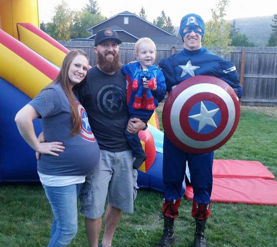 Most fun part of the birthday celebration:  Captain America with Owen, Paul and Sarah!
