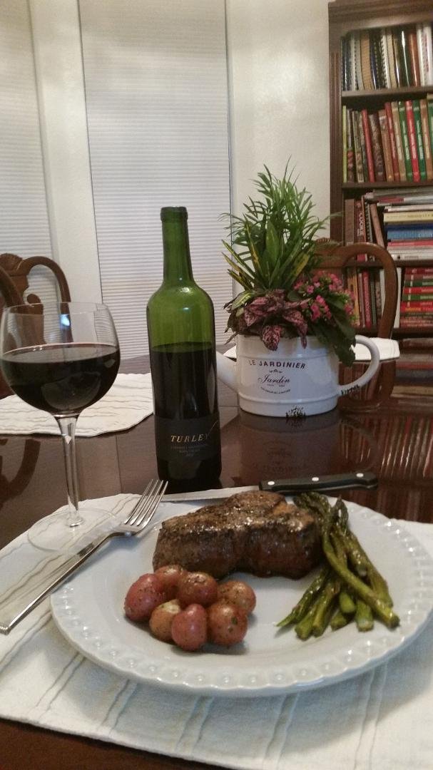 Mother's Day dinner - rare filet mignon, roasted asparagus, baby red parsley butter potatoes and my favorite, Turley Cabernet Sauvignon. Hope all you honorees have enjoyed your day.
