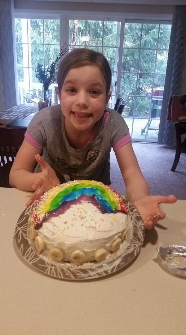 Taryns cake for today..a rainbow came with bananas
