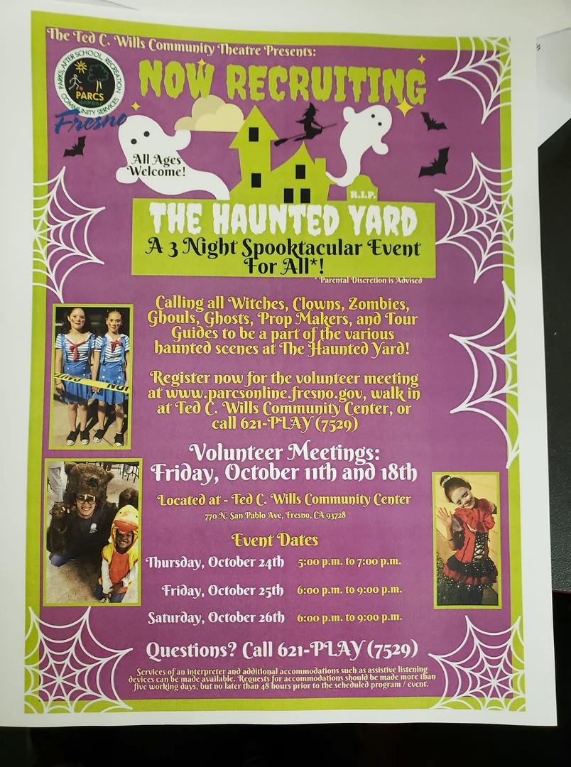 It's that time of year needing Volunteers for the Haunted Yard. Message me sign up online or come by Ted C Wills