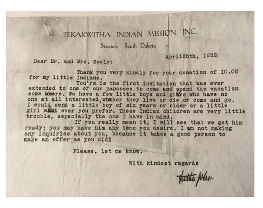 In the United States, in South Dakota, in 1952 (not 1852) you could buy the Native American child of your choice, no questions asked, for $10.