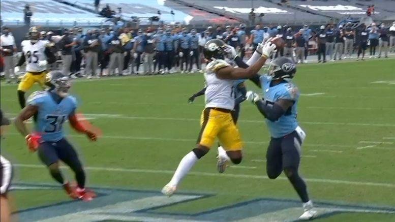 Late pass to JuJu - became an interception... Isn't this a double foul? .. Face guarding, and face masking.... should have been the Steelers ball on the 1 yard line...