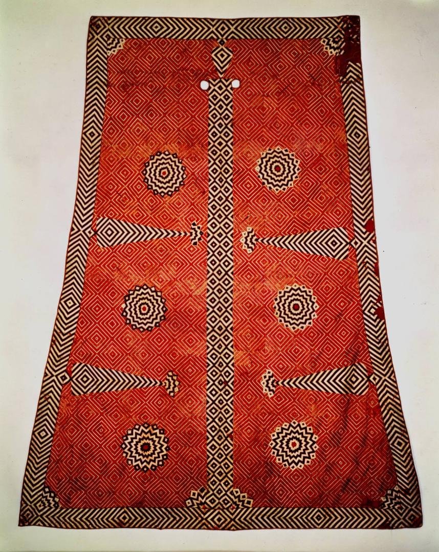 Silk ceremonial elephant cover, probably Rajastan, India, 18th century. Approximately 109 X 72 inches (widest), 250 X 182 cm. See inscription on the back and asking for translation, please. There are holes reinforced with l