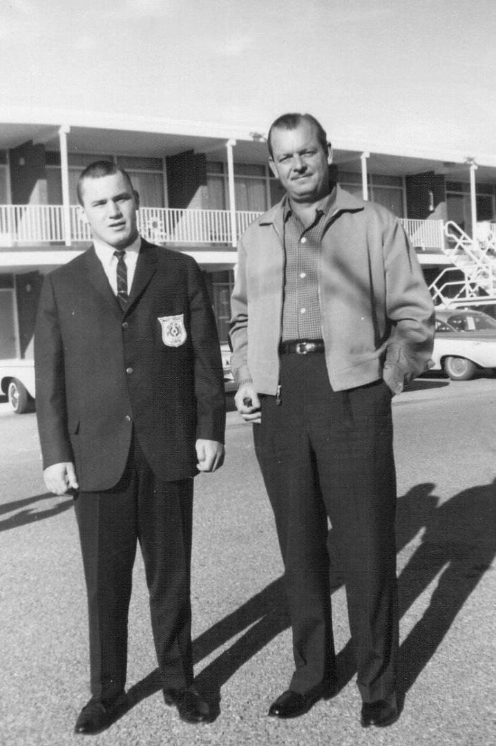 Dad and I at the motel in El Paso (Wish I could have been as tall as dad. I could have played tackle!).