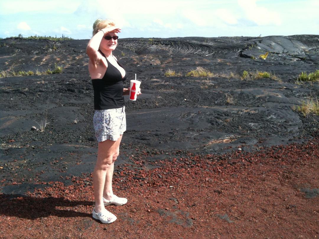Coleen hiking to the ocean at the Kalapana flow.