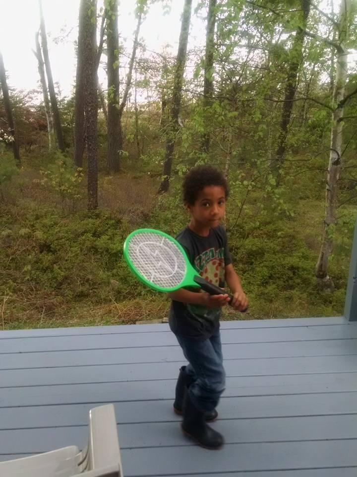 Give a kid (great-grandson Riley) an electronic flyswatter and a deck full of mosquitos and watch the fun begin ----