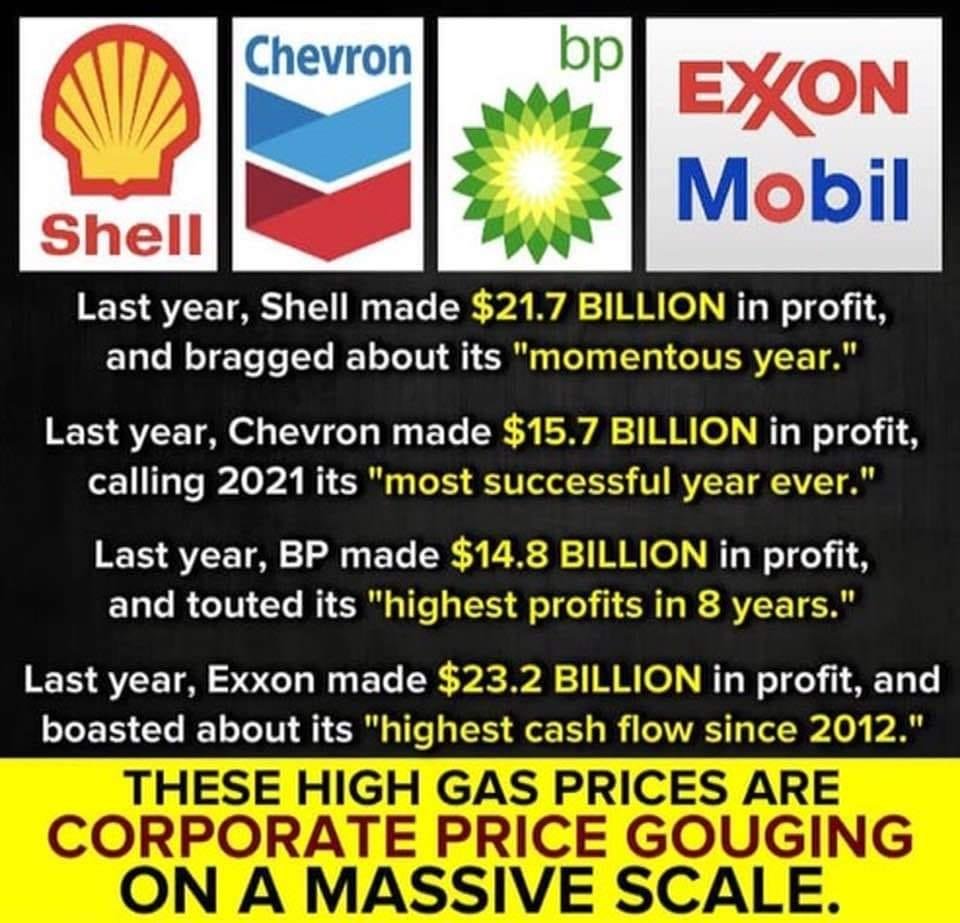 Oil and Gas are making enormous profit as was as U.S
government subsidy. Time to eliminate our tax dollars given to Oil & Gas (private businesses).