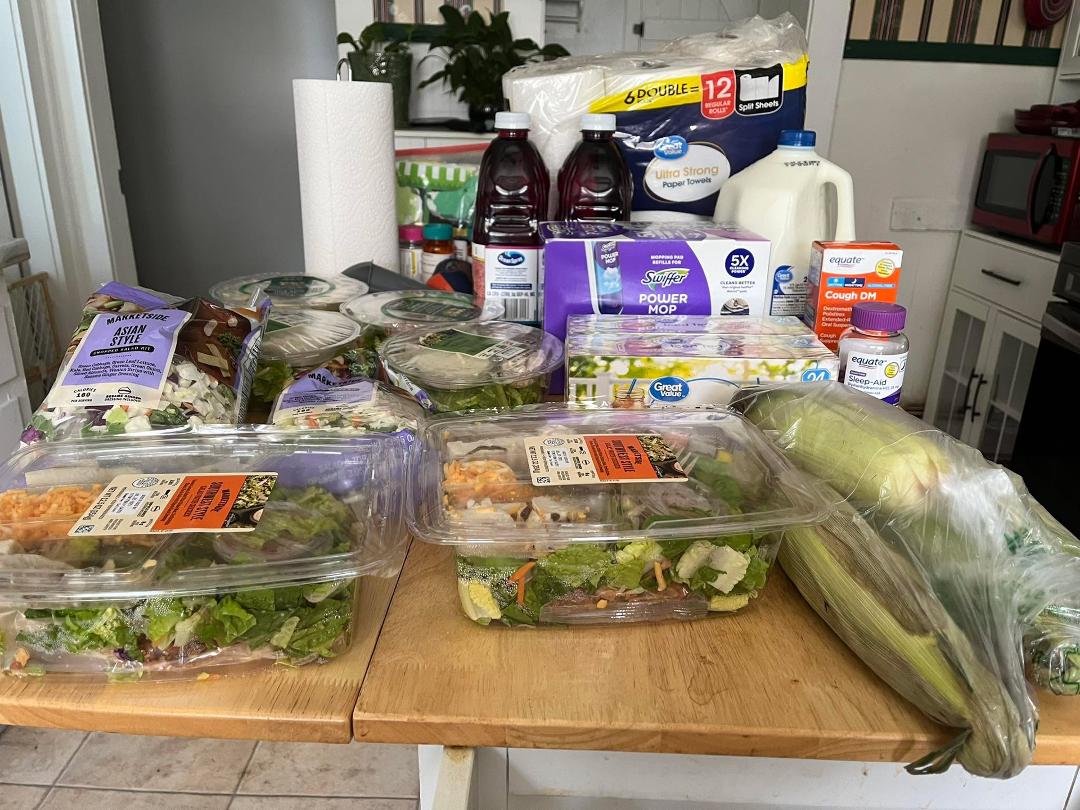 Okay, all you Trump supporters, I have a legitimate question. When are grocery prices going to come down? I spent $110, bought no meat, no cheese, and no eggs. This is what I got for my $110. Paper towels, juice, milk, sala