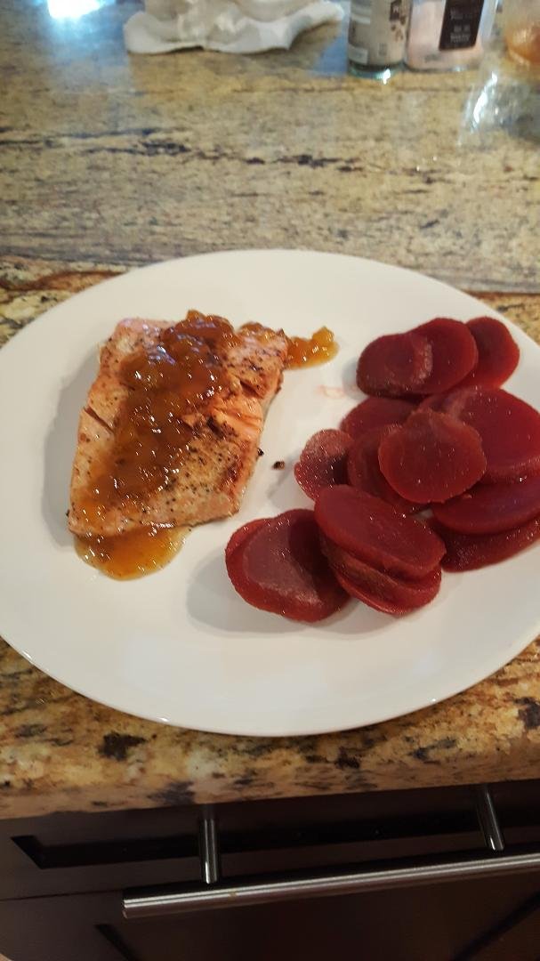 Soceyed  Salomon with peach & ginger sauce and beets!!