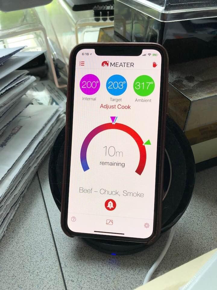 Sitting at my desk working but I can't keep my eyes of the Meater app which is connected to my Meater wireless thermometer. Been watching for about seven hours. First time using it, but I think I'm in love.