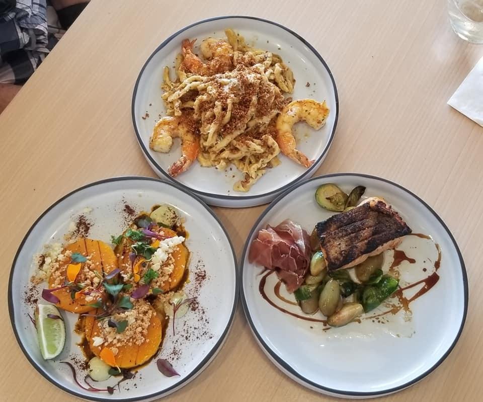 Wood grilled butternut squash- almond crunch, mole butter, avocado crema, charred lime / Key West pink shrimp + hand-rolled strozzapretti, burrata, adam's 'nduja, anchovy butter, toasted bread crumbs Wood grilled steelhea