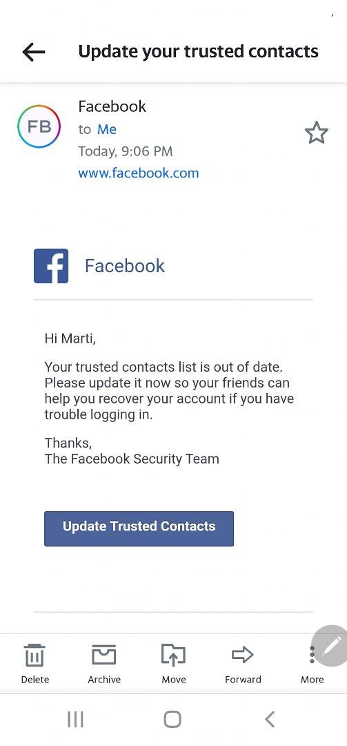 Did anyone else get this email from Facebook? I have been searching through security topics and found that this is a scam. DO NOT PROVIDE ANY INFORMATION. Report it to Facebook.