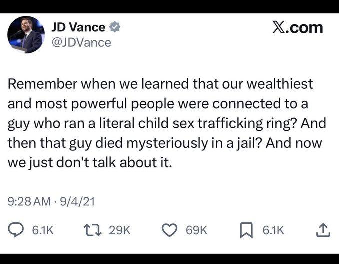 5 years later and he's in the leadership of the administration that is actively trying to protect those heinous and vile monsters.
JD is such a pathetic coward.