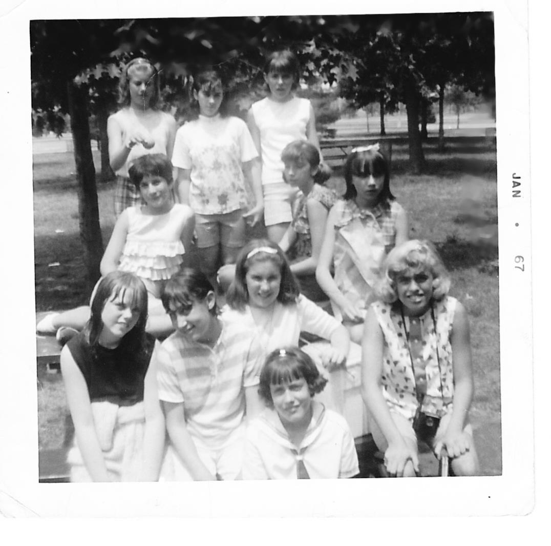 L TO R--GAIL STANSFIELD, BONNIE PEGLER, BARBARA REGAN, NANCY WEISEL, MARIE BEKKEVOLD, JEAN MORAN, PAM QUINN, ELLEN MARKS, JEAN FLANAGAN, BARBARA O'BRIEN, SUE RAUCH. LEE ROAD CLASS PICNIC JUNE 1966 6TH GRADE.