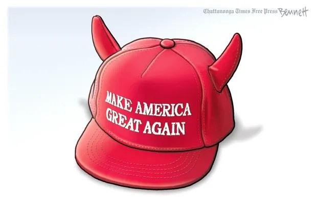 The hat covers his horns, too