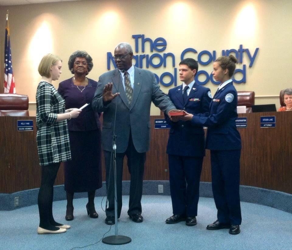 Swearing in of today for Marion County School Board. Left to right: Molly Albrght, Veronica James, Bobby, special guests from Dunnellon High School ROTC Kenneth and Julia. Thank to everyone who came out for the ceremony!